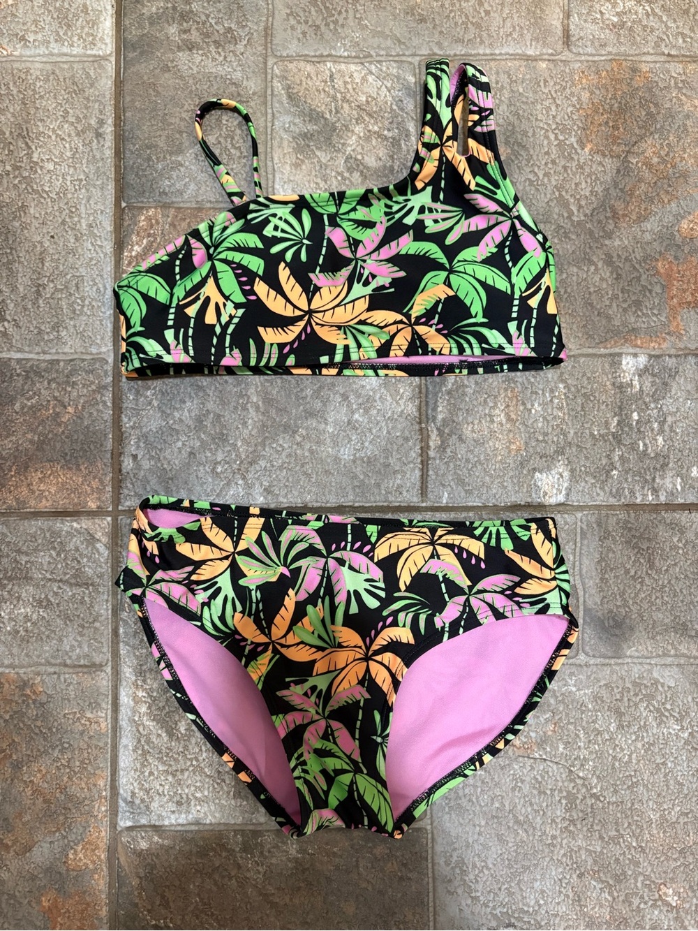art class Black Tropical Leaf Two-Piece Bikini with Pink & Green Accents